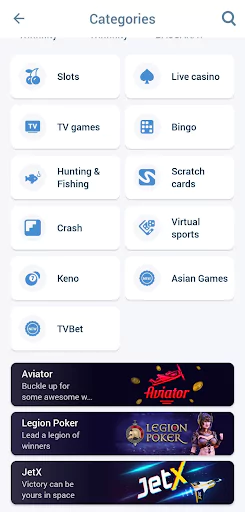 1xBet app casino categories